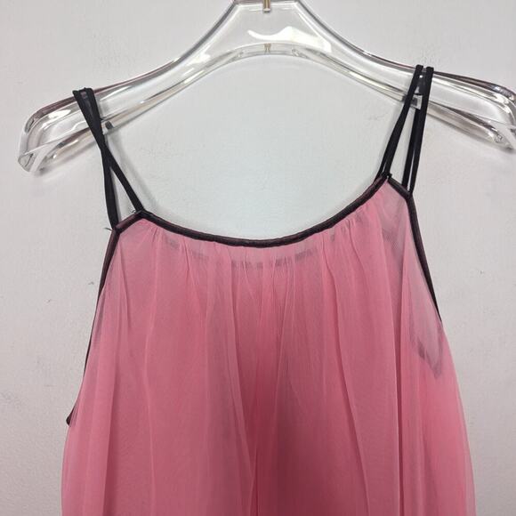 Vintage 60's Bright Pink Nightgown Black Lace Trim Spaghetti Straps Berkliff - Picture 4 of 7